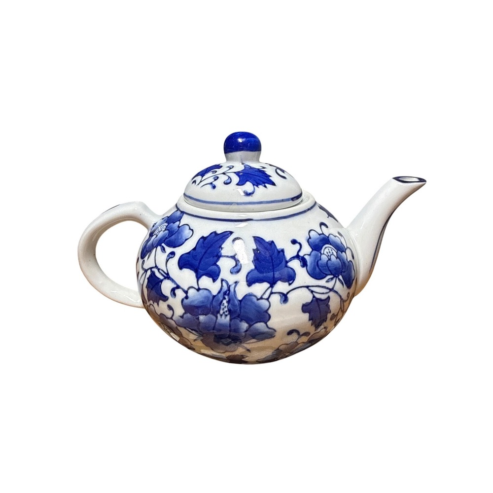 Blue and White Floral Ceramic Teapot with Lid Traditional Chinoiserie Peony